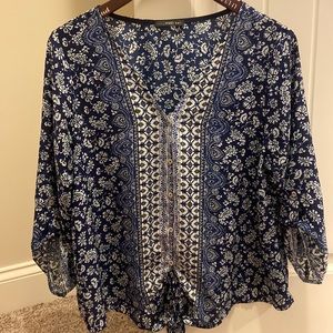 West Kei Navy Paisley Tie Front Blouse, Large